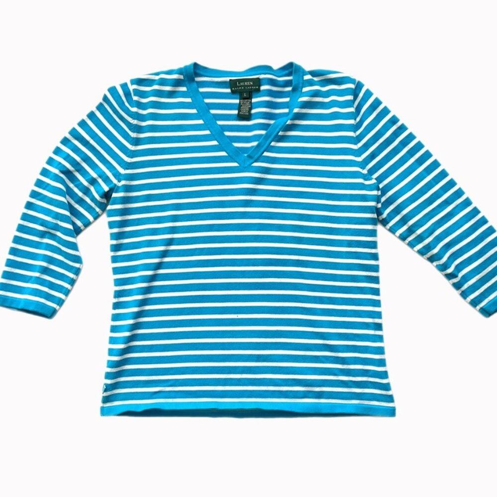 Lauren Ralph Lauren Stripped V Neck Sweater Sz L